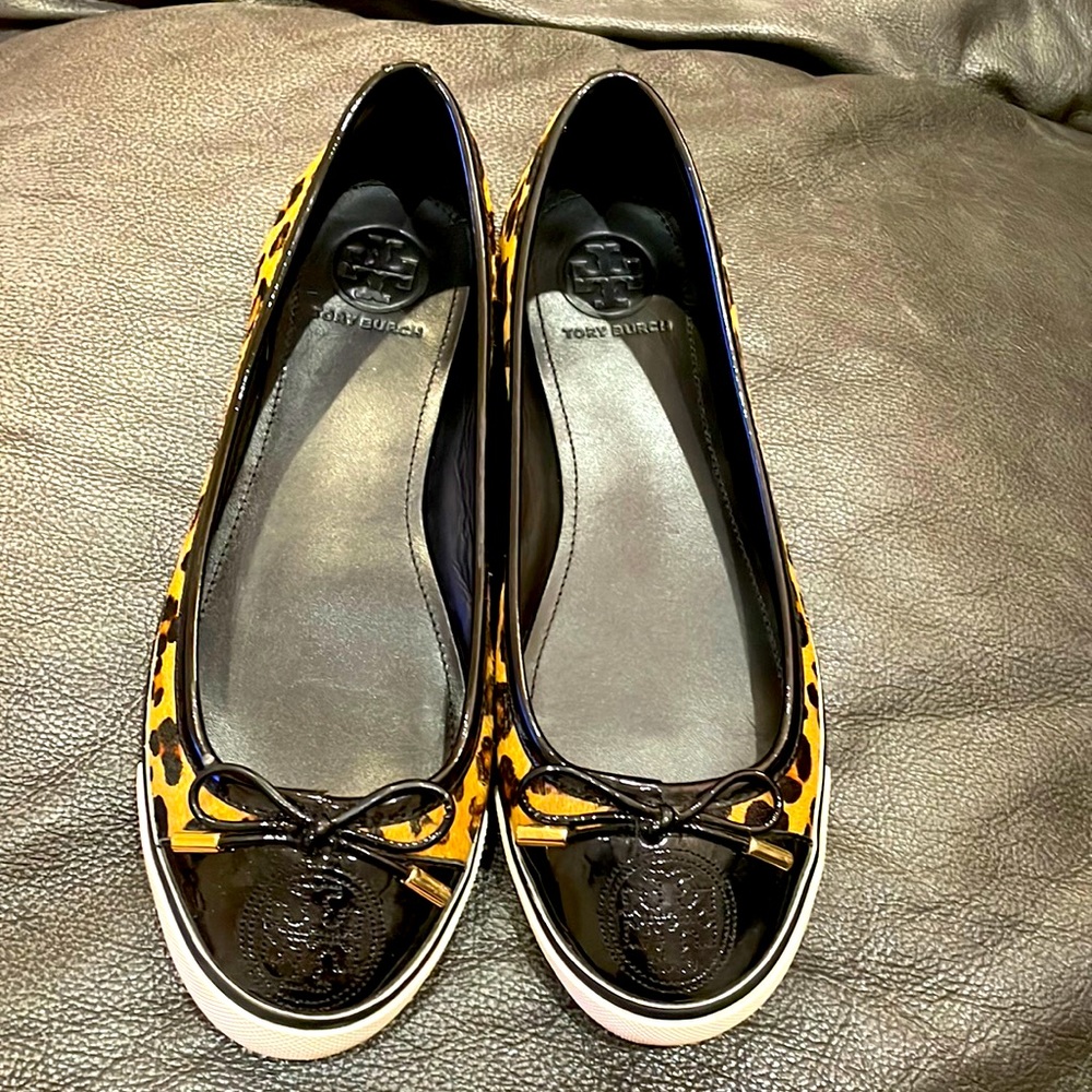 Tory Burch leopard calf hair leather flats